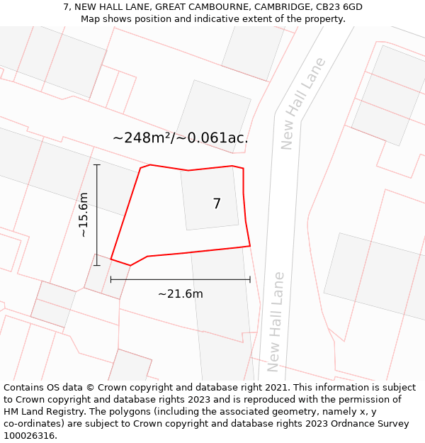 7, NEW HALL LANE, GREAT CAMBOURNE, CAMBRIDGE, CB23 6GD: Plot and title map