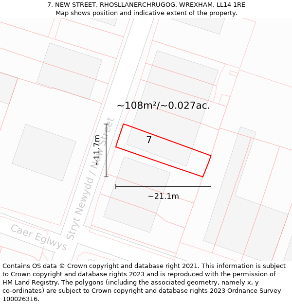 7, NEW STREET, RHOSLLANERCHRUGOG, WREXHAM, LL14 1RE: Plot and title map