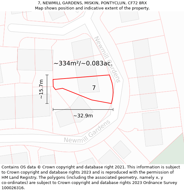 7, NEWMILL GARDENS, MISKIN, PONTYCLUN, CF72 8RX: Plot and title map