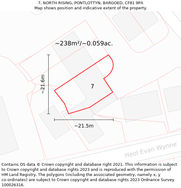 7, NORTH RISING, PONTLOTTYN, BARGOED, CF81 9PA: Plot and title map