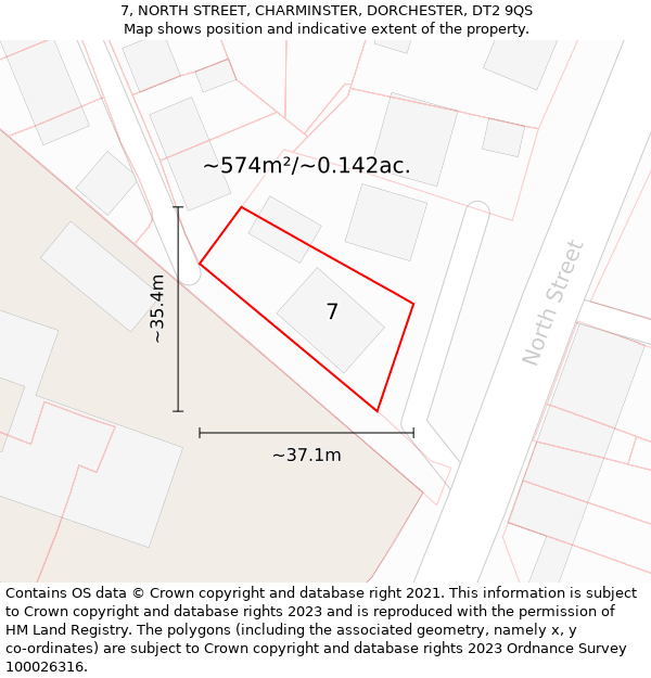 7, NORTH STREET, CHARMINSTER, DORCHESTER, DT2 9QS: Plot and title map