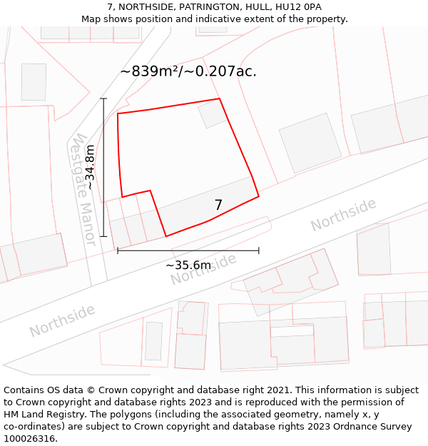 7, NORTHSIDE, PATRINGTON, HULL, HU12 0PA: Plot and title map