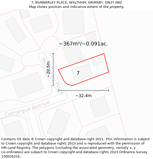 7, NUNNERLEY PLACE, WALTHAM, GRIMSBY, DN37 0NZ: Plot and title map