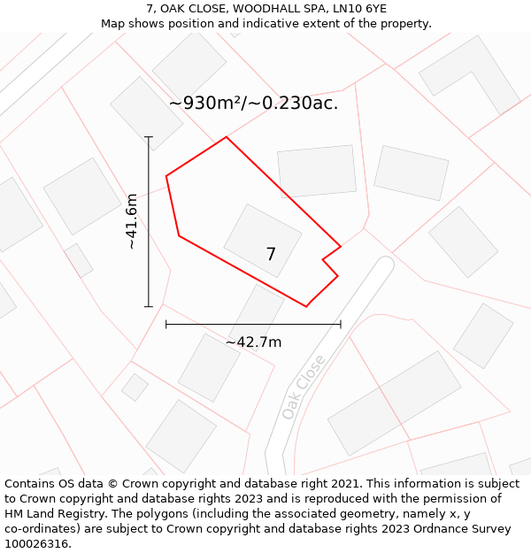 7, OAK CLOSE, WOODHALL SPA, LN10 6YE: Plot and title map