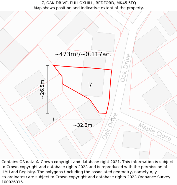 7, OAK DRIVE, PULLOXHILL, BEDFORD, MK45 5EQ: Plot and title map