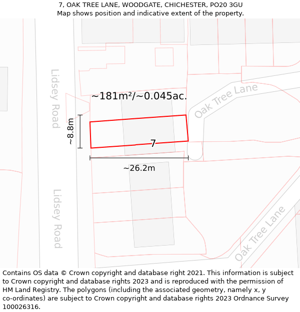 7, OAK TREE LANE, WOODGATE, CHICHESTER, PO20 3GU: Plot and title map