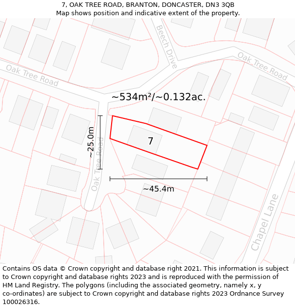 7, OAK TREE ROAD, BRANTON, DONCASTER, DN3 3QB: Plot and title map