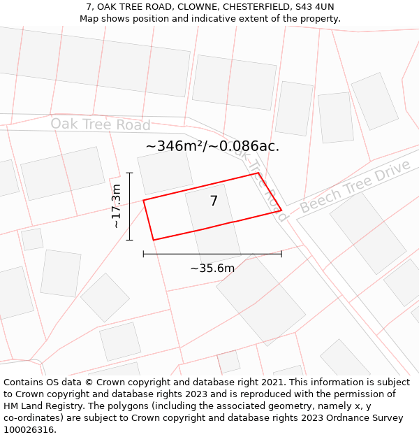 7, OAK TREE ROAD, CLOWNE, CHESTERFIELD, S43 4UN: Plot and title map