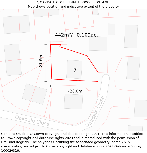 7, OAKDALE CLOSE, SNAITH, GOOLE, DN14 9HL: Plot and title map