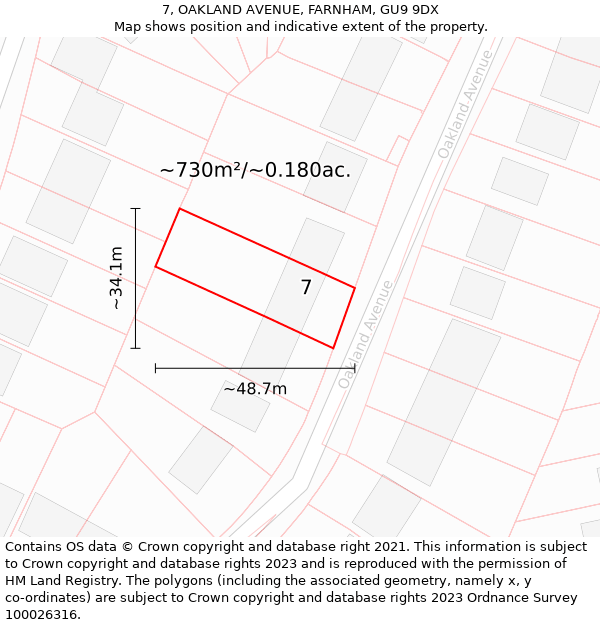 7, OAKLAND AVENUE, FARNHAM, GU9 9DX: Plot and title map