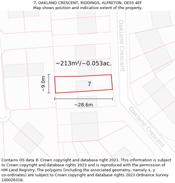 7, OAKLAND CRESCENT, RIDDINGS, ALFRETON, DE55 4EF: Plot and title map