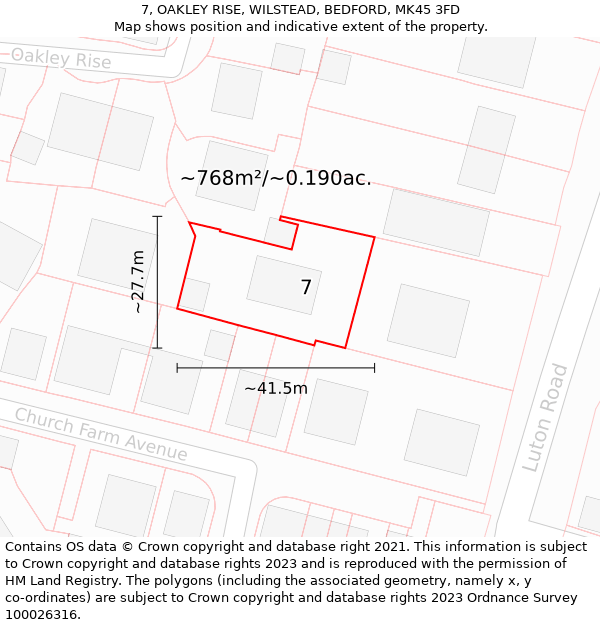 7, OAKLEY RISE, WILSTEAD, BEDFORD, MK45 3FD: Plot and title map