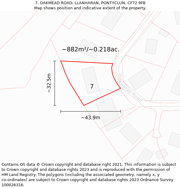 7, OAKMEAD ROAD, LLANHARAN, PONTYCLUN, CF72 9FB: Plot and title map