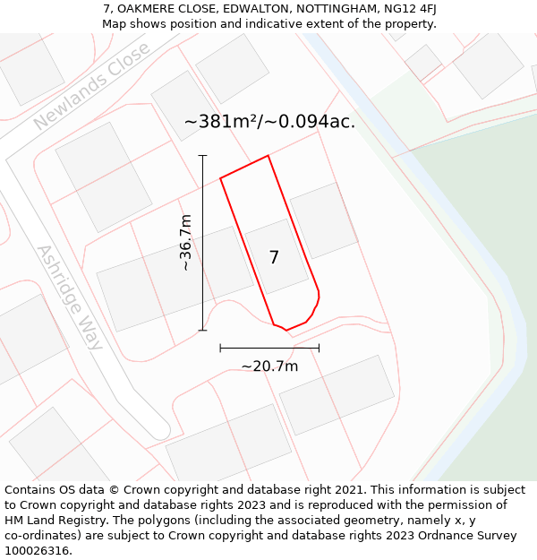 7, OAKMERE CLOSE, EDWALTON, NOTTINGHAM, NG12 4FJ: Plot and title map