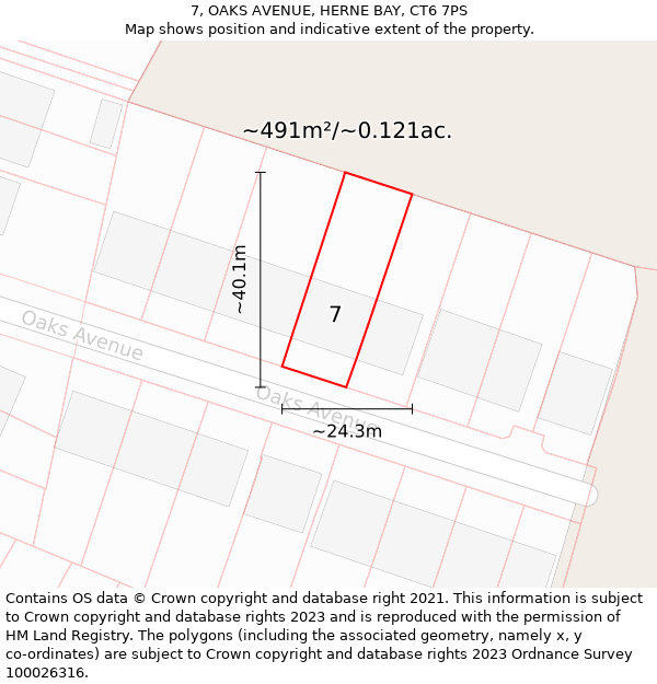 7, OAKS AVENUE, HERNE BAY, CT6 7PS: Plot and title map