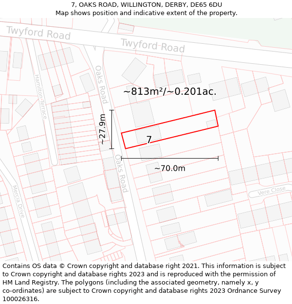 7, OAKS ROAD, WILLINGTON, DERBY, DE65 6DU: Plot and title map