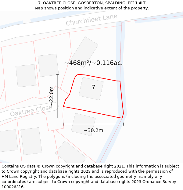 7, OAKTREE CLOSE, GOSBERTON, SPALDING, PE11 4LT: Plot and title map