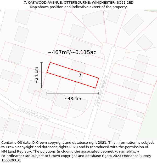 7, OAKWOOD AVENUE, OTTERBOURNE, WINCHESTER, SO21 2ED: Plot and title map