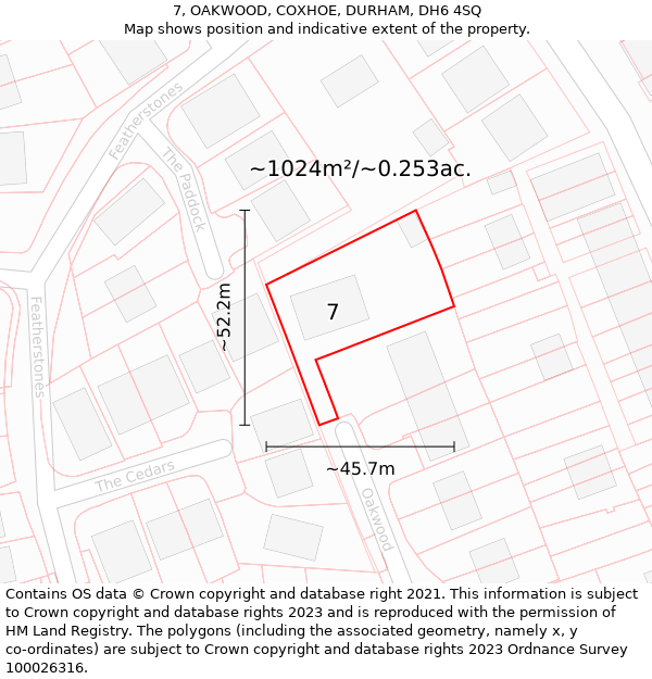 7, OAKWOOD, COXHOE, DURHAM, DH6 4SQ: Plot and title map