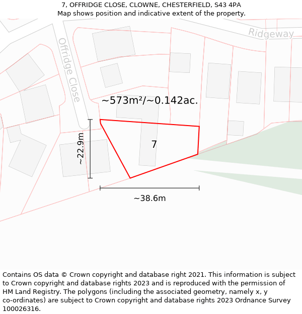 7, OFFRIDGE CLOSE, CLOWNE, CHESTERFIELD, S43 4PA: Plot and title map