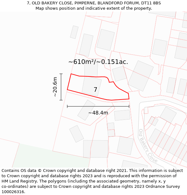 7, OLD BAKERY CLOSE, PIMPERNE, BLANDFORD FORUM, DT11 8BS: Plot and title map