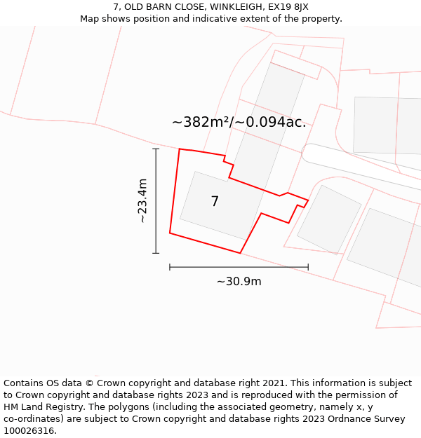 7, OLD BARN CLOSE, WINKLEIGH, EX19 8JX: Plot and title map