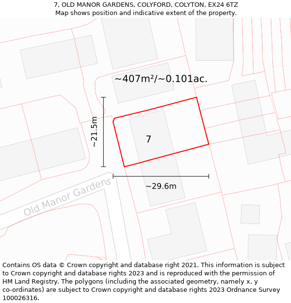 7, OLD MANOR GARDENS, COLYFORD, COLYTON, EX24 6TZ: Plot and title map