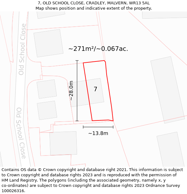 7, OLD SCHOOL CLOSE, CRADLEY, MALVERN, WR13 5AL: Plot and title map