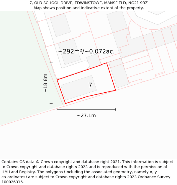 7, OLD SCHOOL DRIVE, EDWINSTOWE, MANSFIELD, NG21 9RZ: Plot and title map