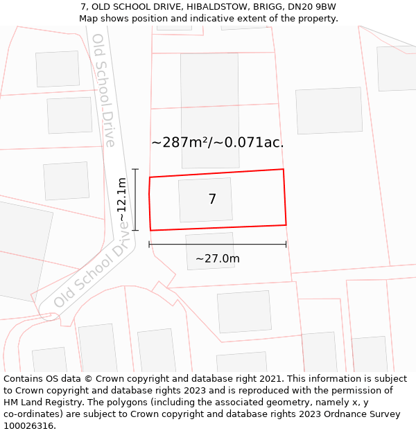 7, OLD SCHOOL DRIVE, HIBALDSTOW, BRIGG, DN20 9BW: Plot and title map