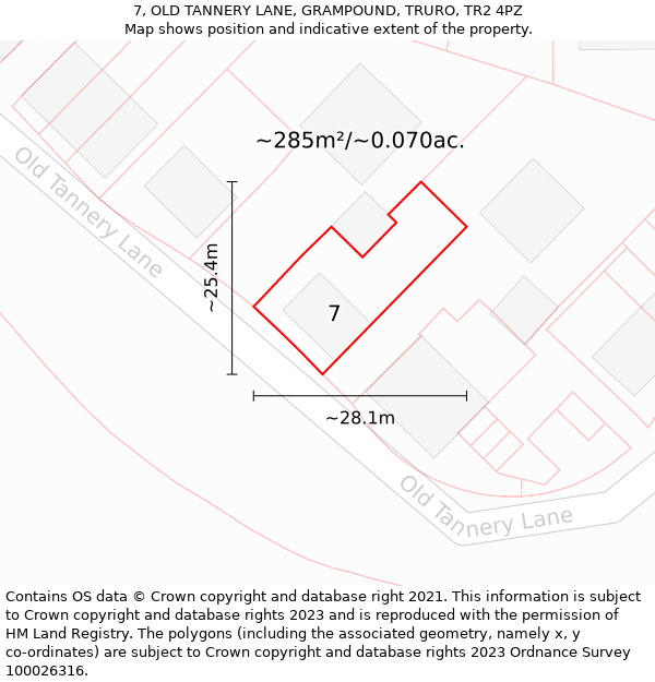 7, OLD TANNERY LANE, GRAMPOUND, TRURO, TR2 4PZ: Plot and title map