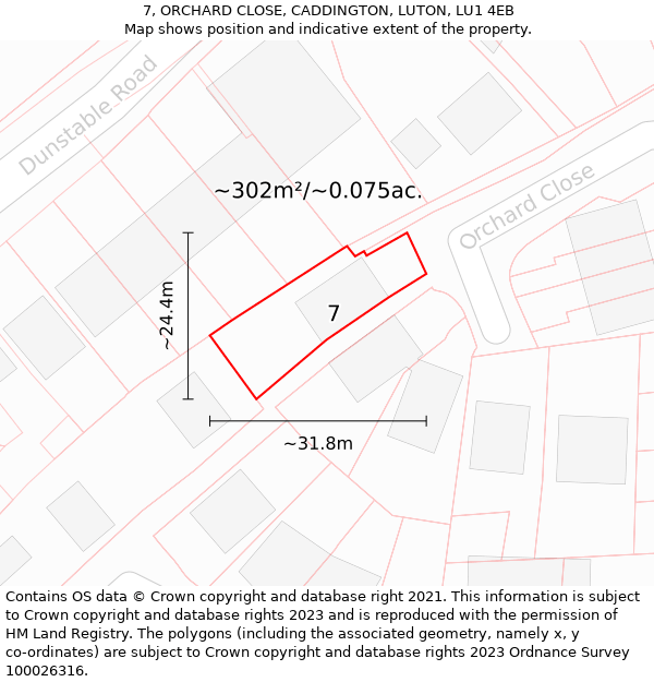 7, ORCHARD CLOSE, CADDINGTON, LUTON, LU1 4EB: Plot and title map