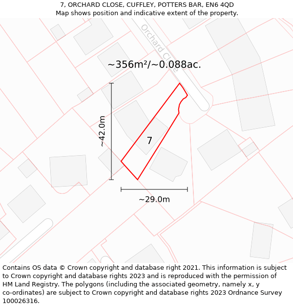 7, ORCHARD CLOSE, CUFFLEY, POTTERS BAR, EN6 4QD: Plot and title map