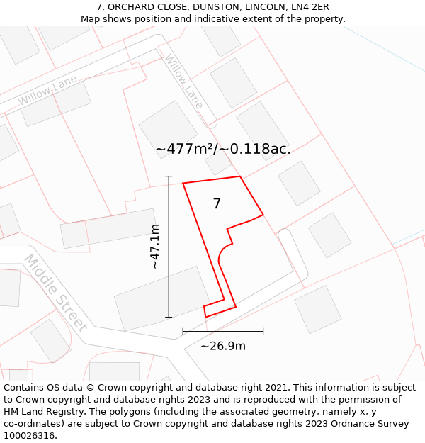 7, ORCHARD CLOSE, DUNSTON, LINCOLN, LN4 2ER: Plot and title map