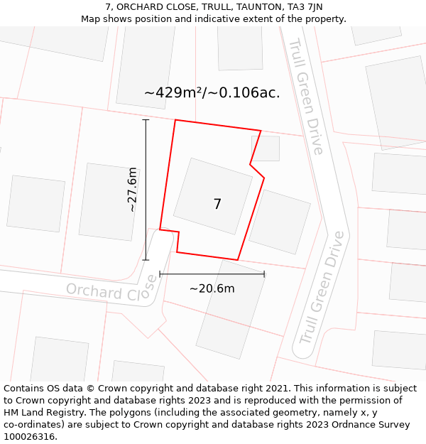 7, ORCHARD CLOSE, TRULL, TAUNTON, TA3 7JN: Plot and title map