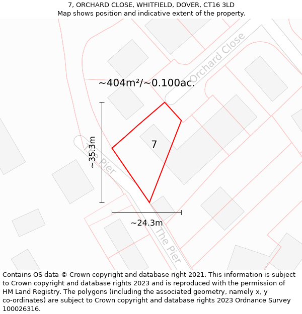 7, ORCHARD CLOSE, WHITFIELD, DOVER, CT16 3LD: Plot and title map