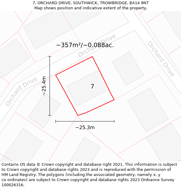 7, ORCHARD DRIVE, SOUTHWICK, TROWBRIDGE, BA14 9NT: Plot and title map