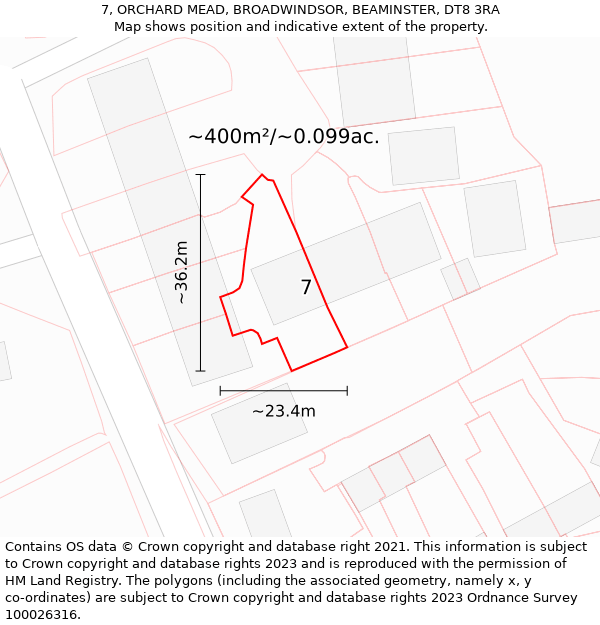 7, ORCHARD MEAD, BROADWINDSOR, BEAMINSTER, DT8 3RA: Plot and title map