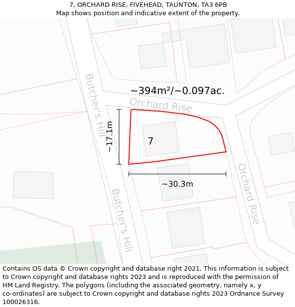 7, ORCHARD RISE, FIVEHEAD, TAUNTON, TA3 6PB: Plot and title map