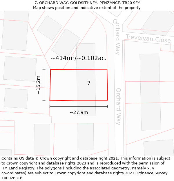 7, ORCHARD WAY, GOLDSITHNEY, PENZANCE, TR20 9EY: Plot and title map