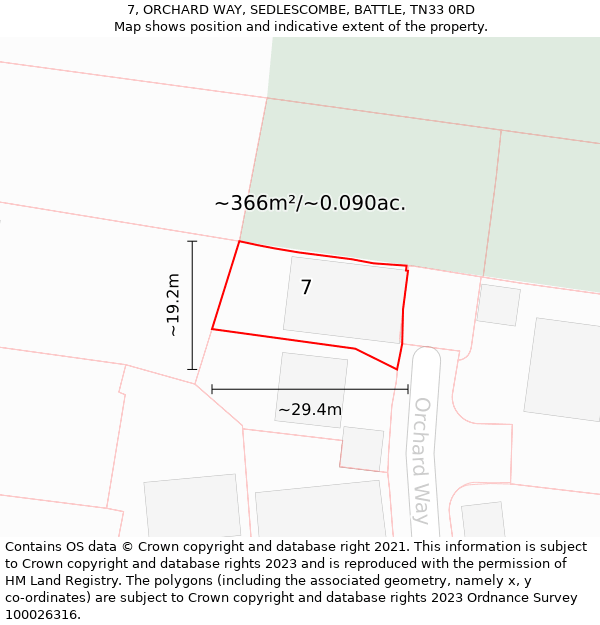 7, ORCHARD WAY, SEDLESCOMBE, BATTLE, TN33 0RD: Plot and title map