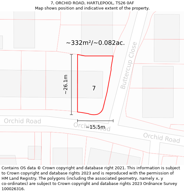 7, ORCHID ROAD, HARTLEPOOL, TS26 0AF: Plot and title map