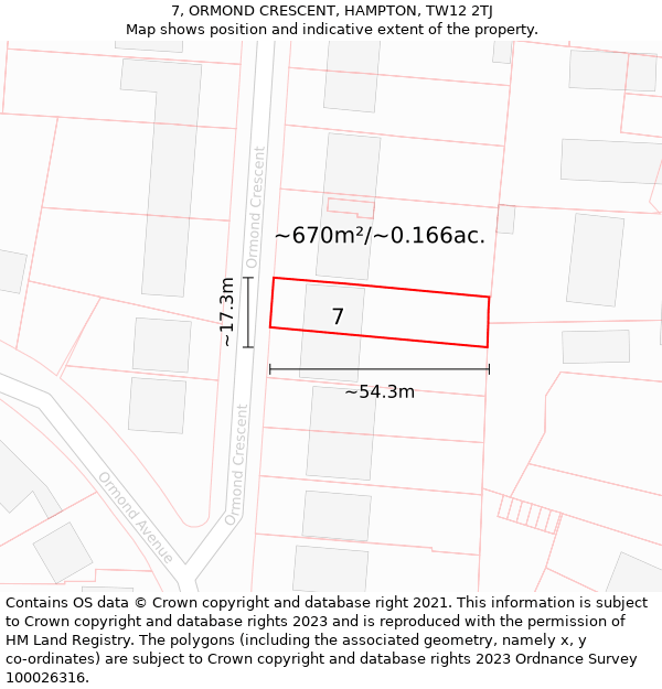 7, ORMOND CRESCENT, HAMPTON, TW12 2TJ: Plot and title map