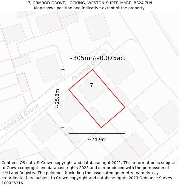 7, ORMROD GROVE, LOCKING, WESTON-SUPER-MARE, BS24 7LN: Plot and title map