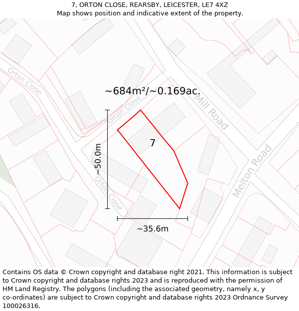 7, ORTON CLOSE, REARSBY, LEICESTER, LE7 4XZ: Plot and title map