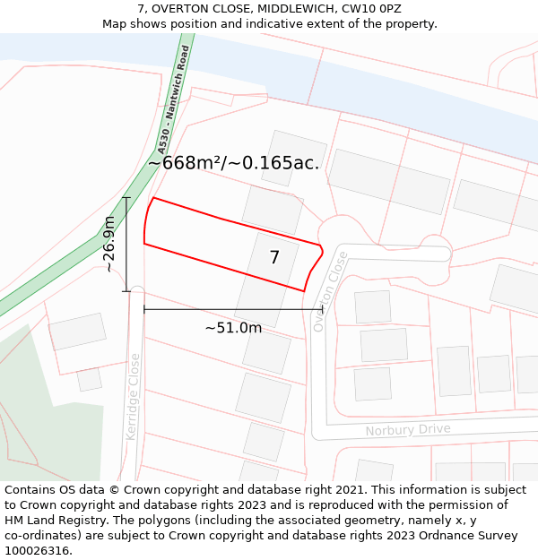 7, OVERTON CLOSE, MIDDLEWICH, CW10 0PZ: Plot and title map