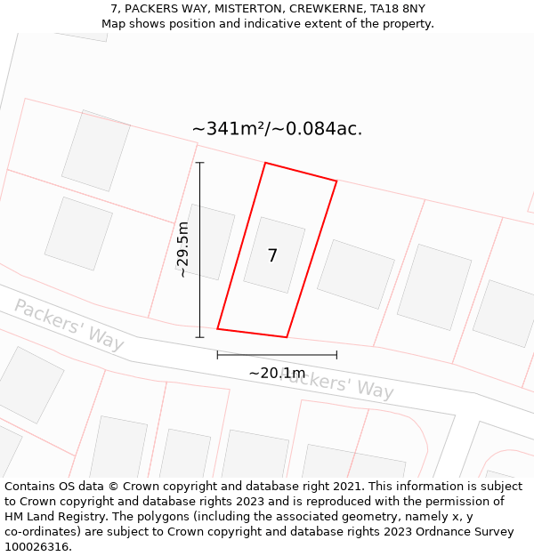 7, PACKERS WAY, MISTERTON, CREWKERNE, TA18 8NY: Plot and title map