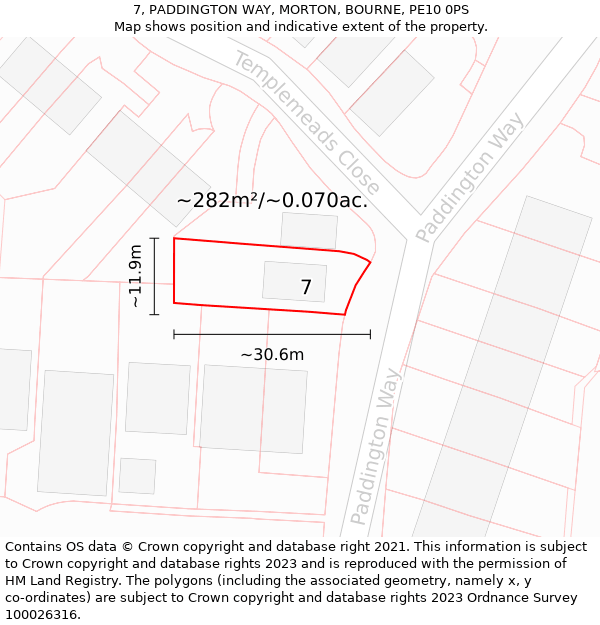 7, PADDINGTON WAY, MORTON, BOURNE, PE10 0PS: Plot and title map