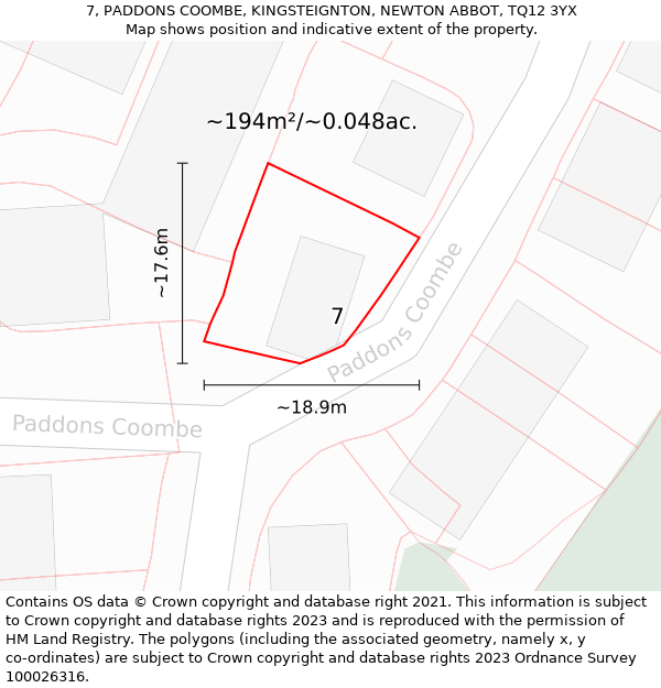 7, PADDONS COOMBE, KINGSTEIGNTON, NEWTON ABBOT, TQ12 3YX: Plot and title map