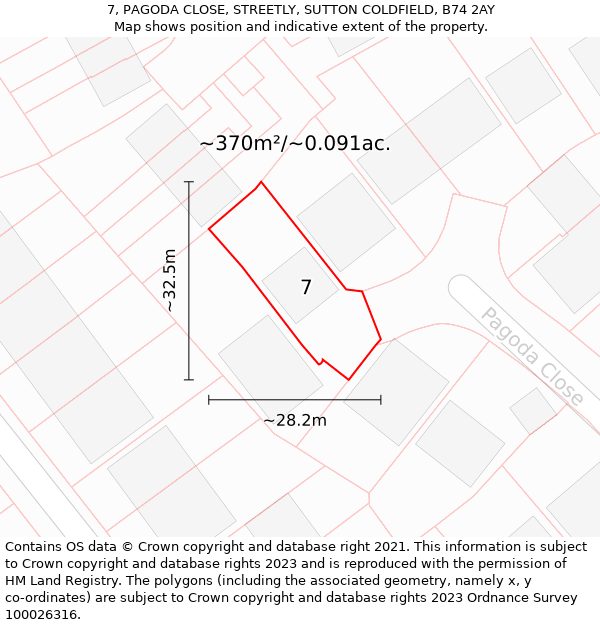 7, PAGODA CLOSE, STREETLY, SUTTON COLDFIELD, B74 2AY: Plot and title map